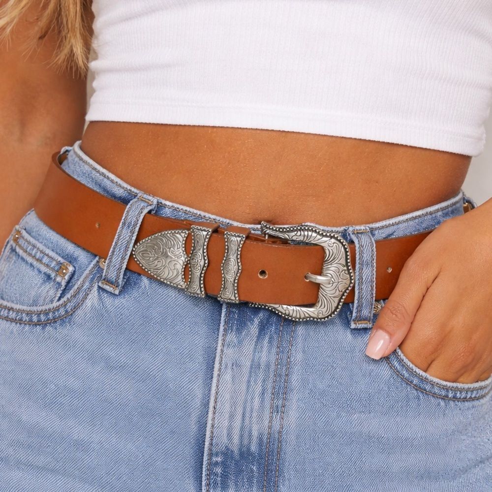 Western Style Leather Belt Silver Engraved Buckle Brown XS/S